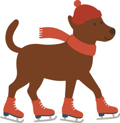 dog wearing a red winter hat, scarf, and ice skates, happily skating on the ice.