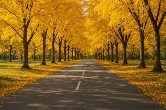 Autumnal trees with yellow leaves by the pathway - Powered by Adobe