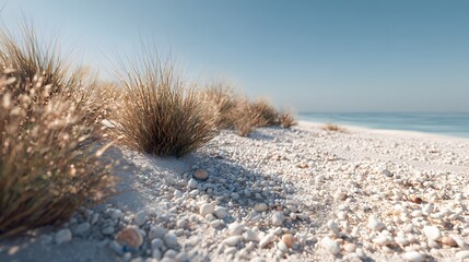 Sunlit Golden Grass on White Pebble Beach with Calm Turquoise Sea and Clear Sky.