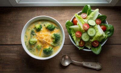 Creamy broccoli soup and fresh salad on a wooden table