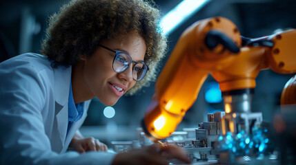 Young African American Female Manufacturing Engineer Using Machine Learning Algorithms to Optimize Orange Collaborative Robots Building Medical Devices in a Sterile Pharmaceutical