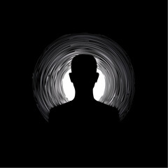 Silhouette of a person's head and shoulders emerging from a swirling vortex of light against a dark background, suggesting a journey or transition.