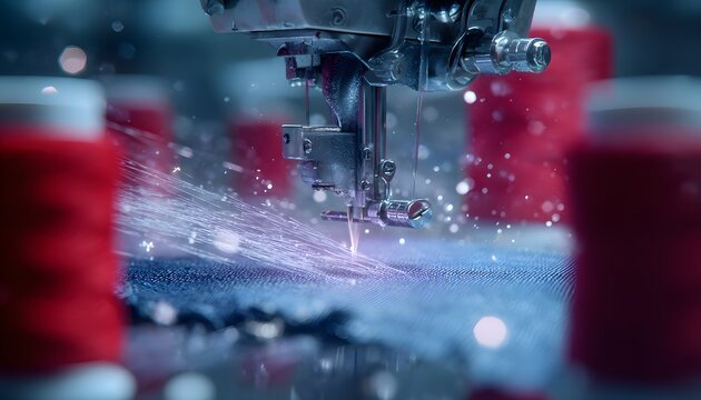 Industrial Sewing Machine in Action: Dynamic Close-up of High-Speed Stitching with Vibrant Red Thread and Water Splashes.