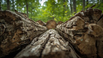 Fototapeta premium Macro shot of timber logs with green spring forest backdrop