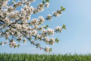 Fototapeta premium Delicate pink and white blossoms on fruit tree branches with soft green leaves, set against a gradient blue backdrop
