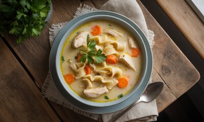 Creamy chicken noodle soup in a bowl, garnished with fresh parsley and carrots