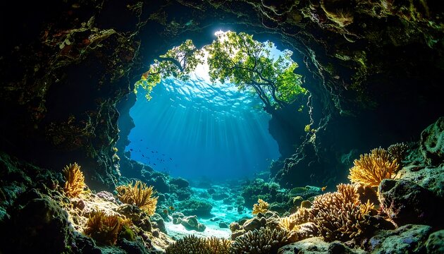 Underwater Cave with Sunlight Rays and Coral Reefs