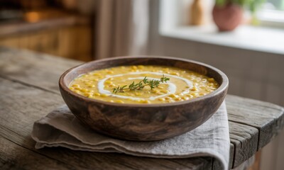 Creamy corn soup in a wooden bowl on a rustic table