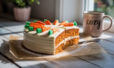 Carrot cake slice on parchment paper, beside a mug