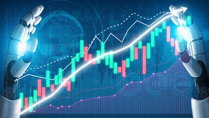 A dynamic image showcases robotic hands controlling a stock market chart with colorful candlestick patterns, symbolizing the fusion of technology and finance in modern trading. Copula