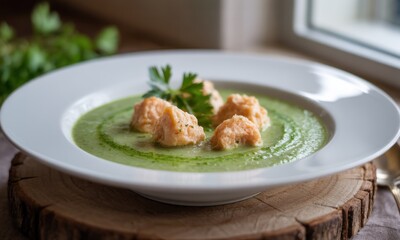 Creamy green soup with salmon dumplings