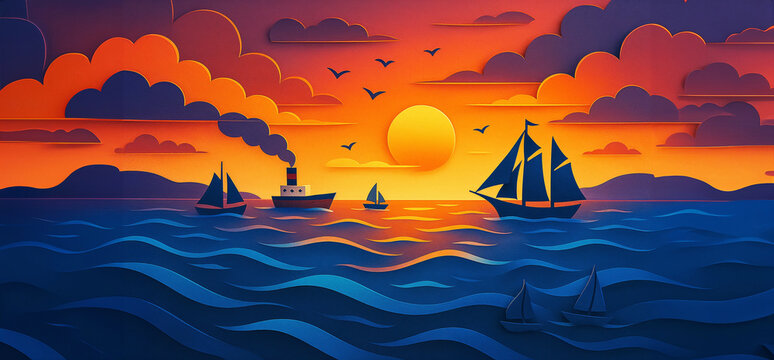 Ocean sunset with sailing ships, seascape illustration in travel holiday theme