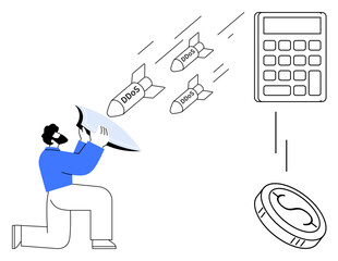 Person holds shield against DDoS-labeled missiles while a calculator and coin represent financial and tech vulnerabilities. Ideal for cybersecurity, data protection, hacking, online threats