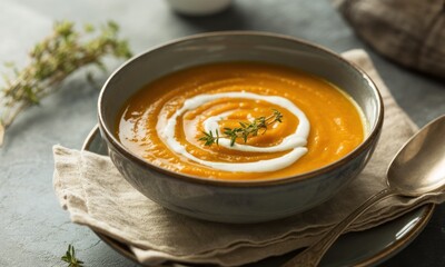 Creamy pumpkin soup in a bowl, garnished with herbs