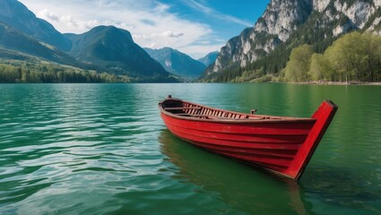 A vibrant red boat made of wood floating on a verdant lake surrounded by majestic mountains