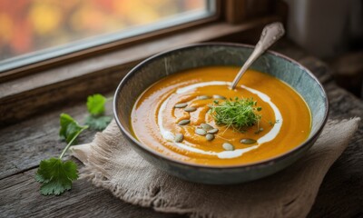 Creamy pumpkin soup in a bowl, garnished with seeds and greens, by a window