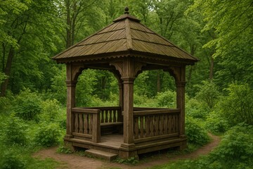 Rustic wooden pavilion nestled within lush garden greenery
