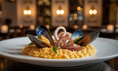Creamy saffron risotto with mussels and octopus on a white plate.  Restaurant setting, blurred background