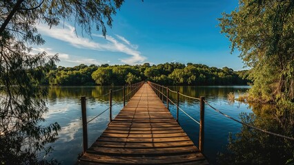 Fototapeta premium Rustic boardwalks crossing a serene body of water surrounded by nature