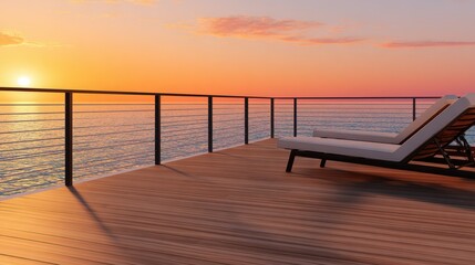 Obraz premium Serene sunset view from a modern deck with a lounge chair overlooking a tranquil ocean