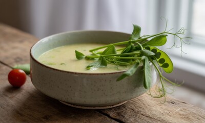 Creamy soup in a light green bowl, garnished with fresh pea shoots, sits on a rustic wooden table. A small tomato rests beside the bowl