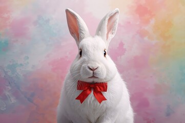 Festive white bunny adorned with a ribbon on a vibrant backdrop