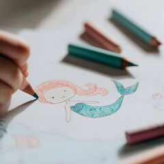 Close-up of a childs hand coloring a whimsical mermaid drawing with colored pencils.