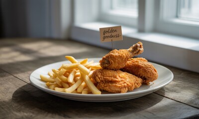 Crispy fried chicken and french fries on a plate, illuminated by sunlight through a window. A small tag reads "Golden Goodness