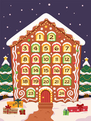 Advent Calendar Gingerbread House Illustration – Cute Christmas Countdown Cookie Design for Holiday Decor, Kids Activities, Posters, Stickers, Social Media, Printables