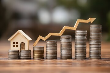 Wooden House and Coins with Rising Arrow Financial Growth Concept.