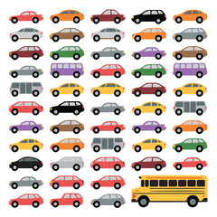 cartoon car vector set with suv sedan van school bus in flat style for transport illustration and automotive design