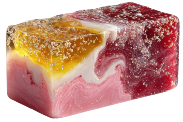Colorful layered gelatin dessert block with fruit flavors and bubbly texture for a sweet treat concept on transparent background