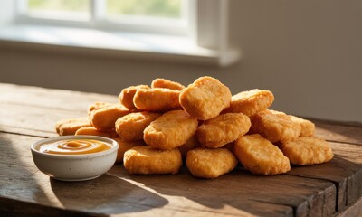 Crispy golden chicken nuggets piled high on a wooden surface, beside a small bowl of mustard-colored dipping sauce. Natural light casts warm tones on the scene