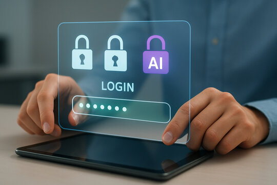 Photo realistic image of hands using tablet with holographic AI login interface showing secure password access in modern workspace