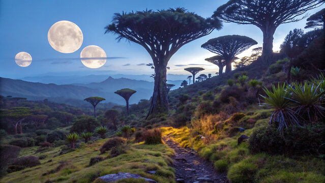 Mysterious alien jungle landscape under multiple glowing moons at dusk sci-fi fantasy art

