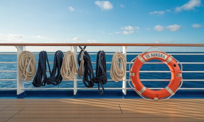 Cruise ship railing with ropes and life preserver