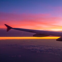 Obraz premium Airplane wing over vibrant sunset clouds