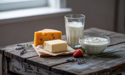 Dairy selection on rustic wooden table