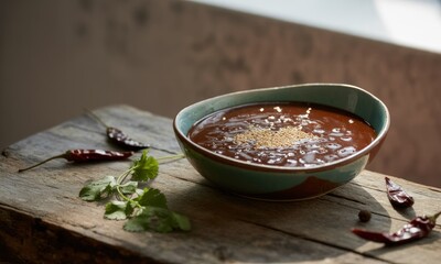 Dark brown sauce in a bowl, garnished with sesame seeds and chili peppers