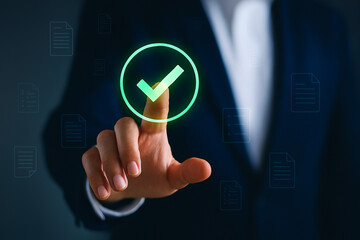 Professional hand interacting with futuristic holographic checkmark interface for secure digital approval, corporate validation, innovation, trust, and workflow efficiency