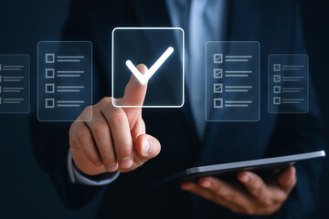 Futuristic business hand pressing holographic checklist interface with glowing checkmark tablet technology workflow automation productivity digital workspace clarity