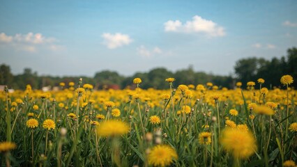Sunlit yellow dandelions growing abundantly in a natural field. Excellent quality picture.