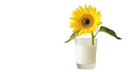 A sunflower sprouts from a glass of milk, symbolizing growth and unexpected potential, on white background.  png