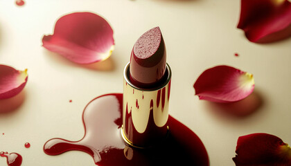 Lipstick Rising from Molten Wax with Frozen Petals Overhead for Baroque Decadence Makeup Visual Storytelling