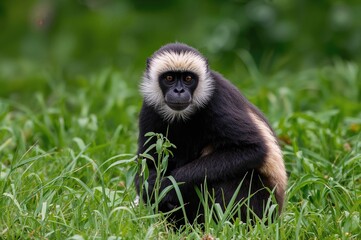 Fototapeta premium Close-up of a White-faced Capuchin Monkey on lush greenery
