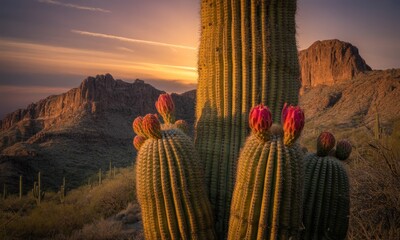 Desert sunset, saguaro cactus blossoms