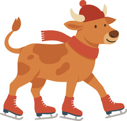 cartoon cow wearing a red winter hat, scarf, and ice skates, happily gliding on the ice.