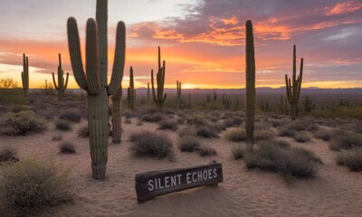 Desert sunset with cacti and sign.  A tranquil scene of tall saguaro cacti in a desert landscape at sunset.  Warm, colorful sky with a sign that reads "Silent Echoes
