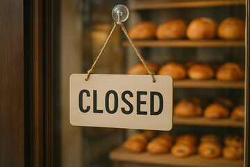 Closed sign hanging on bakery door with fresh bread in background
