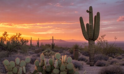 Desert sunset with saguaro and prickly pear cacti